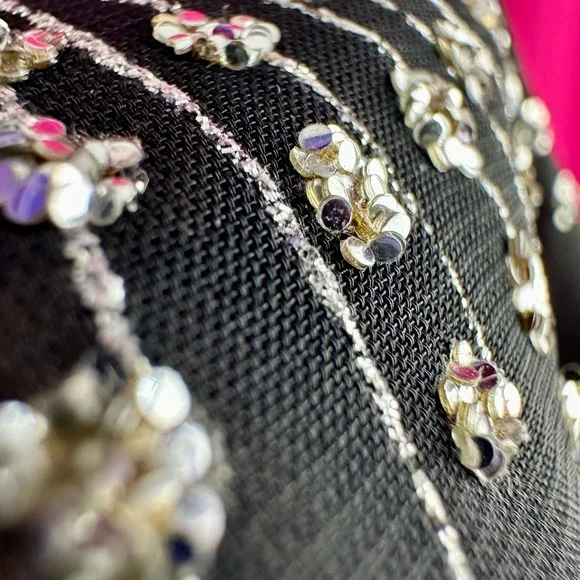 Vintage Silver Glitter Fireworks Black Sheer Short Sleeve Party Top Glances - Picture 3 of 17